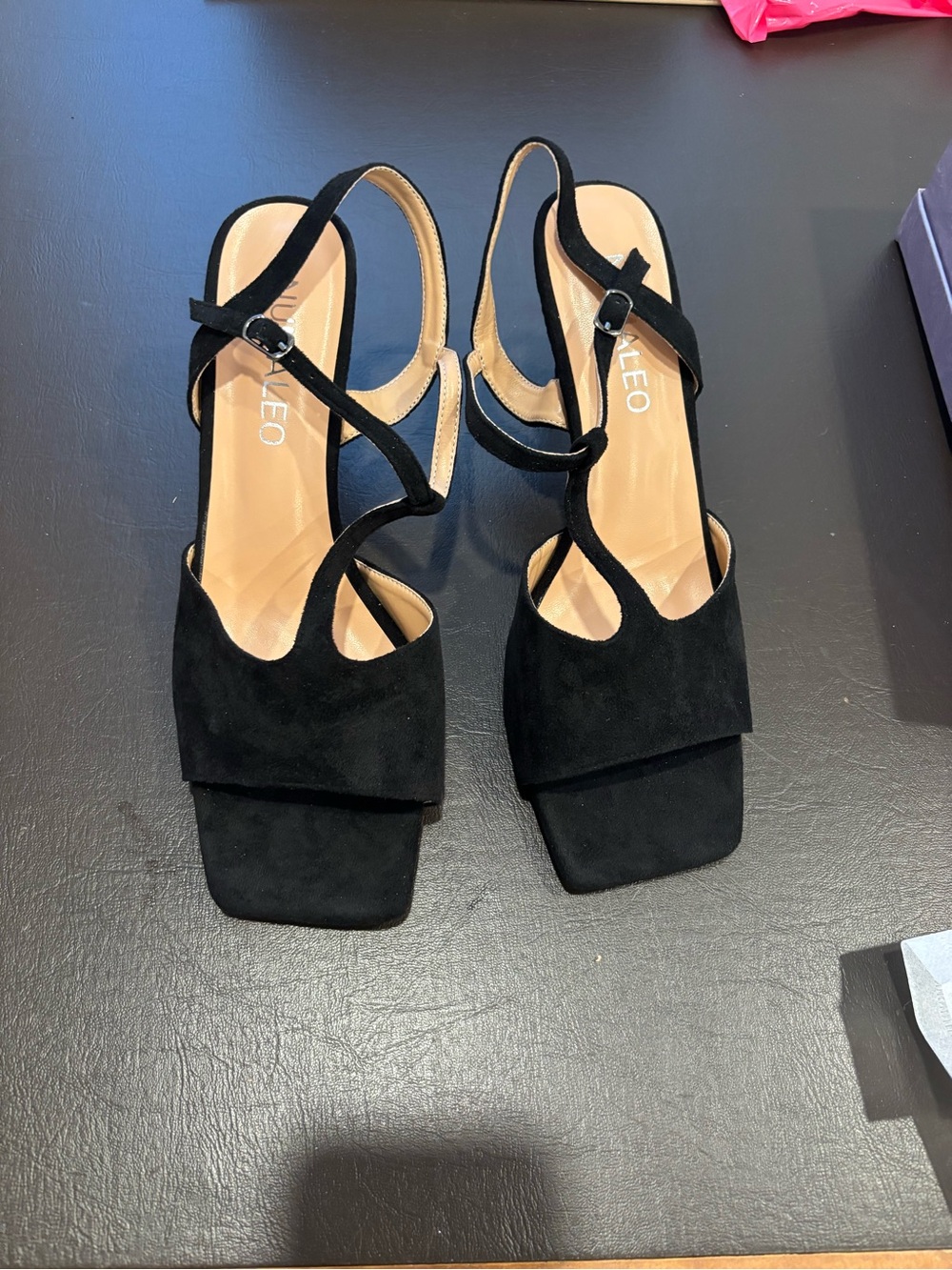Black Suede Strappy Square-Toe Heels never worn ( Size 11.5 runs big and wide. )